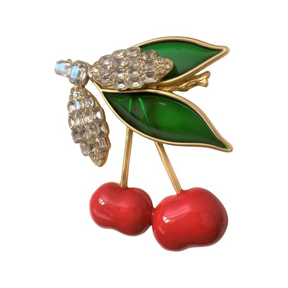 Stunning Enamel Red Cherries, Green Glass & Crystal Rhinestones Pin Brooch - Picture 4 of 7